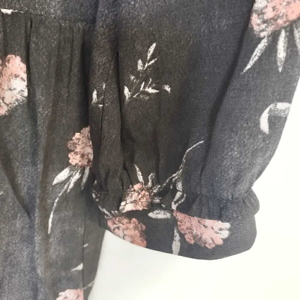Caslon‎ Dress Sz S Pink Black Floral Print Long Sleeve Ruffle Accents Drop Waist